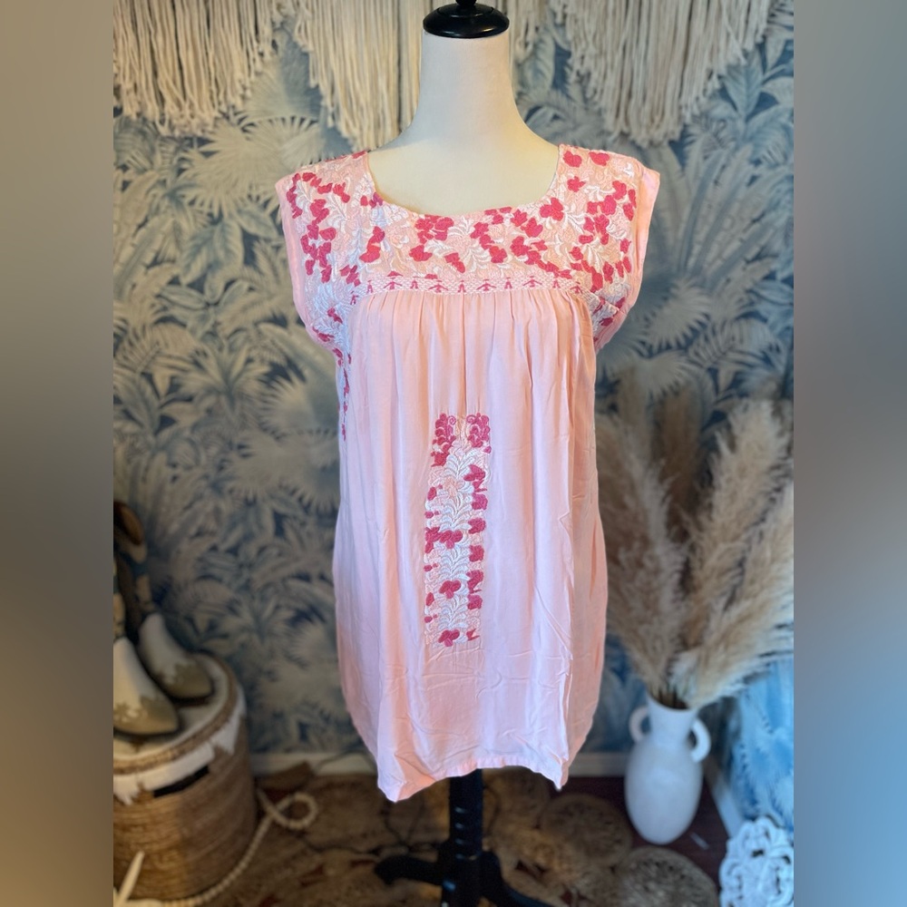 J. Marie Pink Oaxaca Whitney Floral Embroidered Layered Dress with pockets M